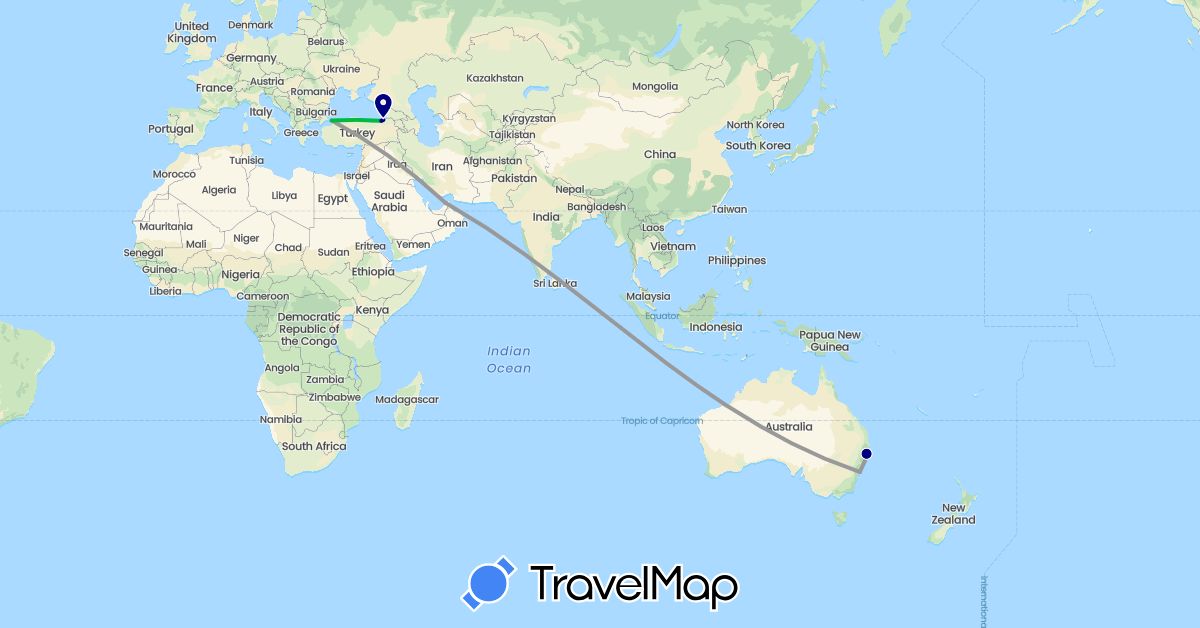 TravelMap itinerary: driving, bus, plane in United Arab Emirates, Australia, Turkey (Asia, Oceania)